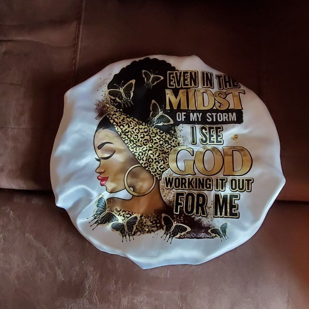 Women's Black Gold Faith Design Custom Double Layered Satin Hair Bonnets
